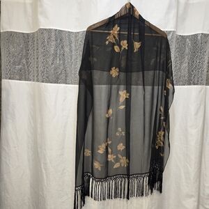 Laura Ashley Silk Scarf/Wrap with Fringes, Black/Gold, NWOT, Vintage